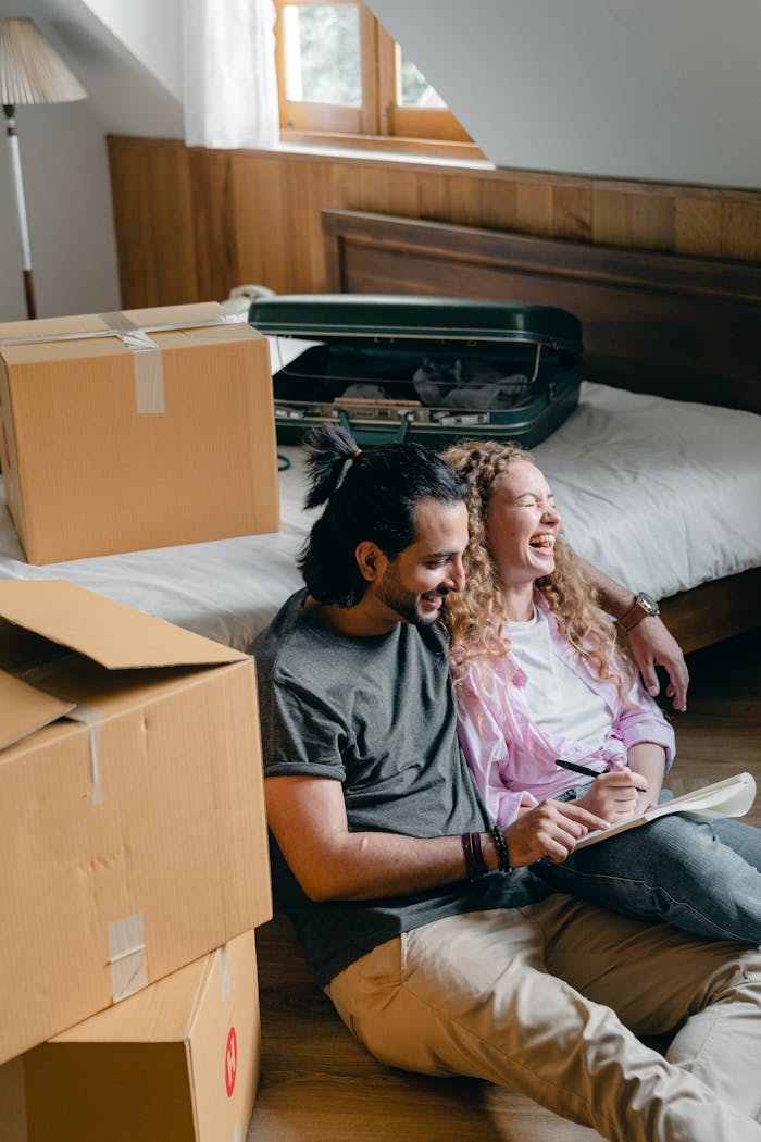 Laughing diverse couple sitting on floor near bed in attic bedroom among carton boxes and suitcase with belongings while drawing arrangement plan in sketchpad